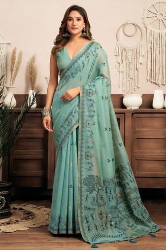 Sky blue modal art silk warli work saree with blouse