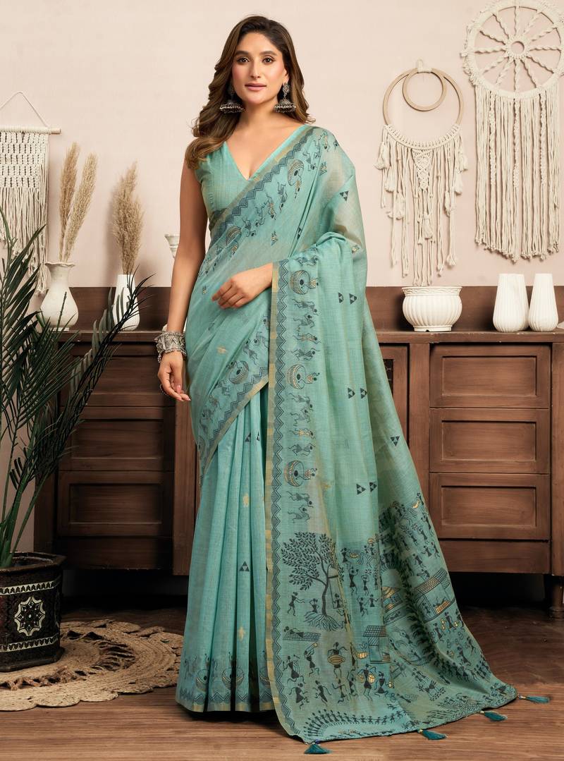 Sky blue modal art silk warli work saree with blouse