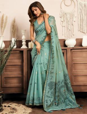 sky blue modal art silk ethnic warli work saree 2
