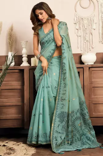 sky blue modal art silk ethnic warli work saree