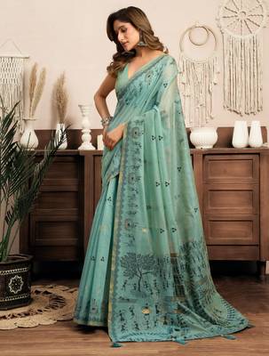 sky blue modal art silk ethnic warli work saree 3