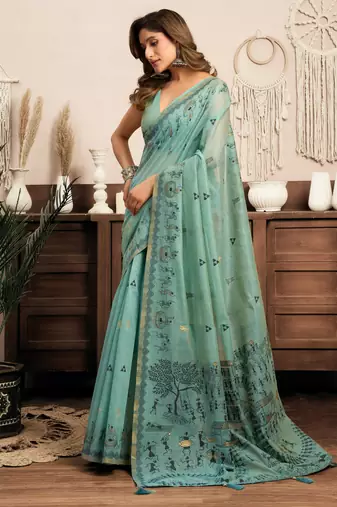 sky blue modal art silk ethnic warli work saree