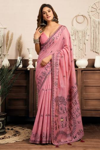 Pink modal art silk warli work saree with blouse