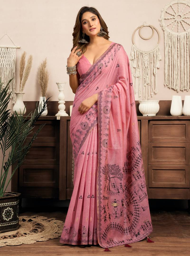 Pink modal art silk warli work saree with blouse