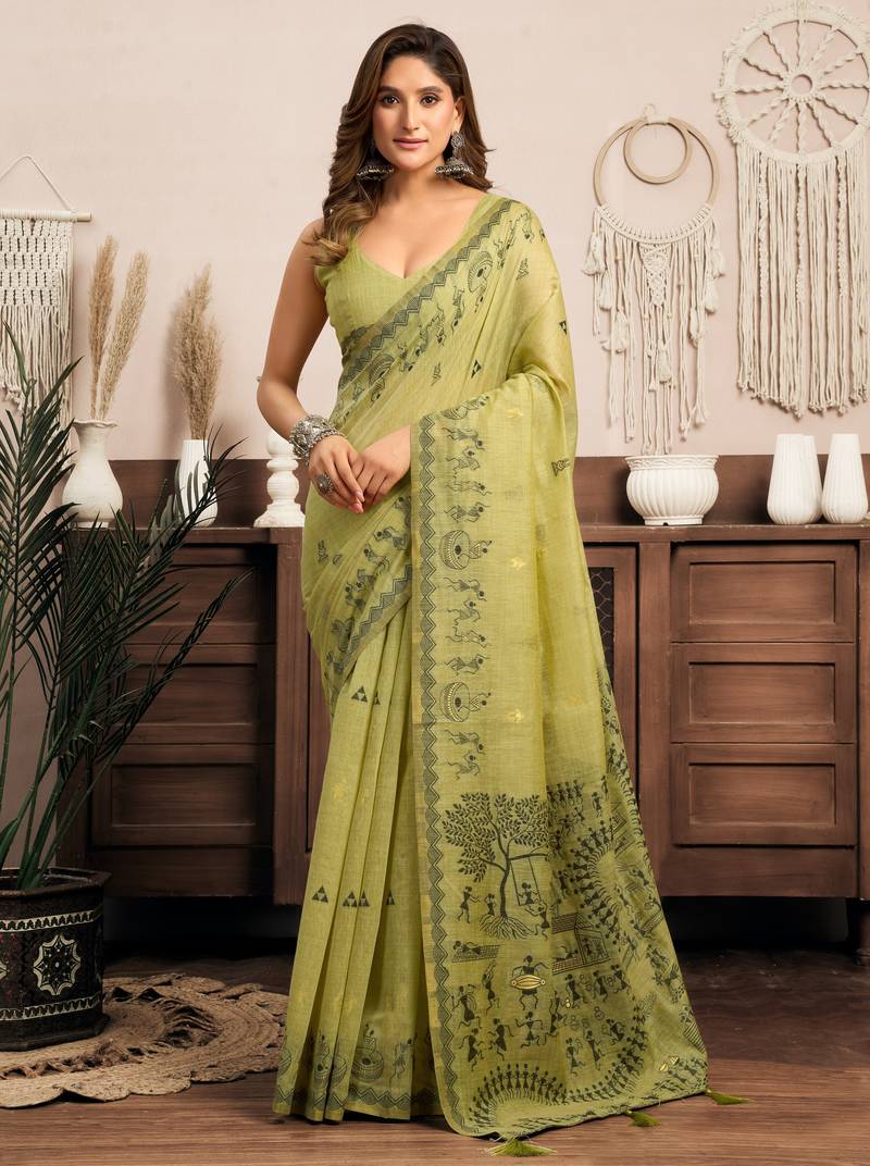 Green modal art silk warli work saree with blouse