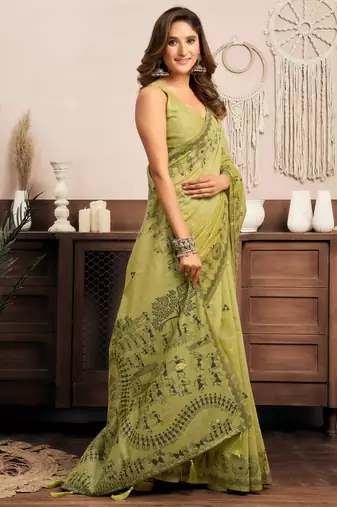 Green modal art silk warli work saree with blouse