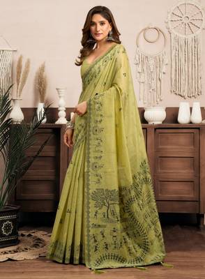 Green modal art silk warli work saree with blouse 3