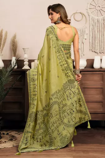 Green modal art silk warli work saree with blouse