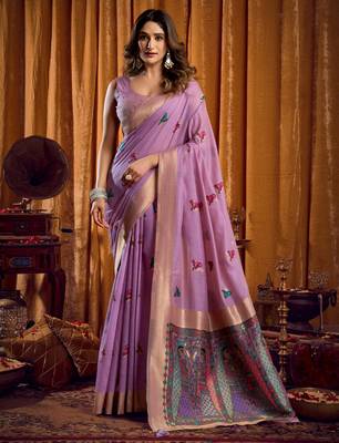 purple mina work khadi cotton saree 1