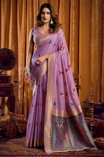 Purple khadi cotton mina work saree with blouse