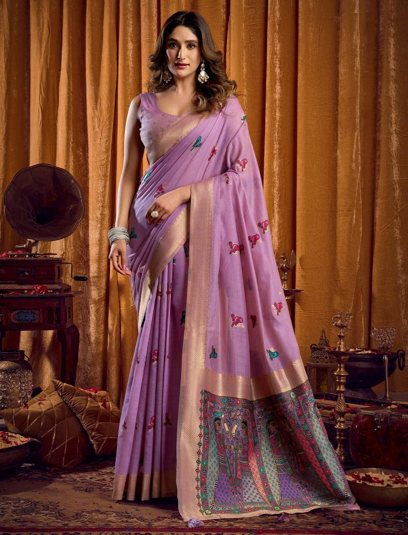 Purple khadi cotton mina work saree with blouse