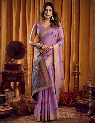 purple mina work khadi cotton saree 2