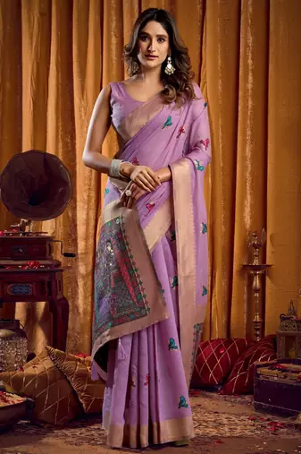 purple mina work khadi cotton saree