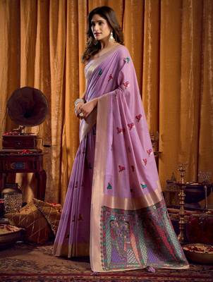 purple mina work khadi cotton saree 3