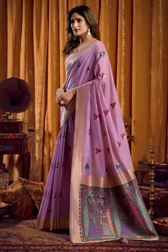 purple mina work khadi cotton saree