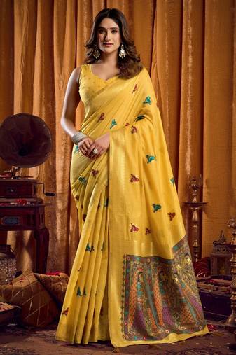 Yellow khadi cotton mina work saree with blouse