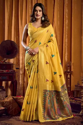 Yellow khadi cotton mina work saree with blouse