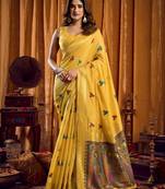 Yellow khadi cotton mina work saree with blouse