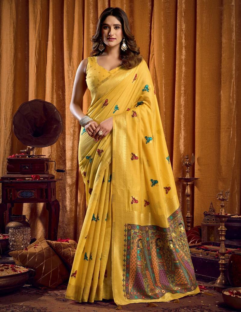 Yellow khadi cotton mina work saree with blouse