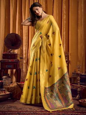 Yellow khadi cotton mina work saree with blouse 2