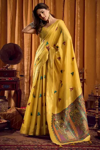 Yellow khadi cotton mina work saree with blouse