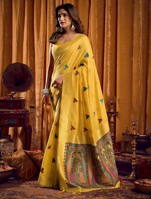 Yellow khadi cotton mina work saree with blouse 3