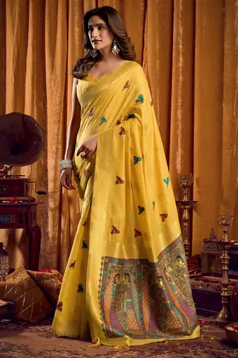 Yellow khadi cotton mina work saree with blouse