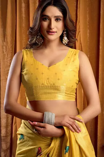 Yellow khadi cotton mina work saree with blouse