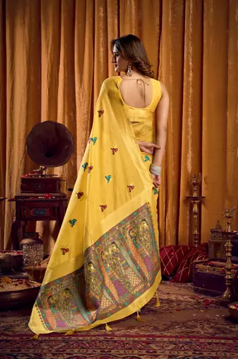 Yellow khadi cotton mina work saree with blouse