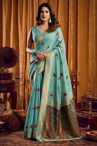Sky blue khadi cotton mina work saree with blouse