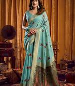 Sky blue khadi cotton mina work saree with blouse