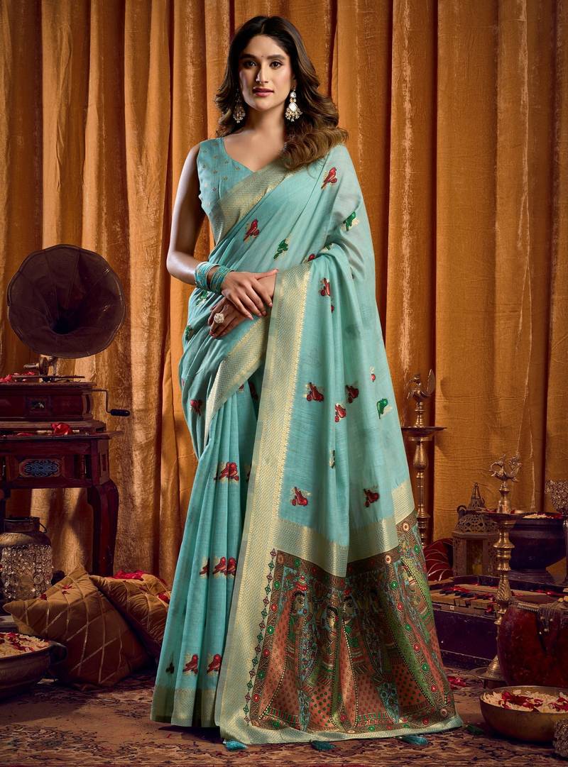 Sky blue khadi cotton mina work saree with blouse