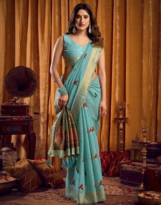 Sky blue khadi cotton mina work saree with blouse 2