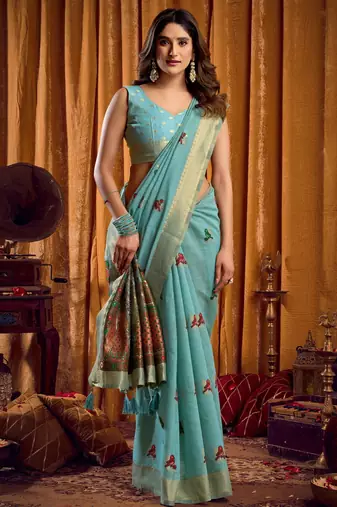 Sky blue khadi cotton mina work saree with blouse
