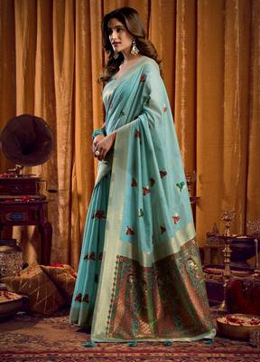 Sky blue khadi cotton mina work saree with blouse 3
