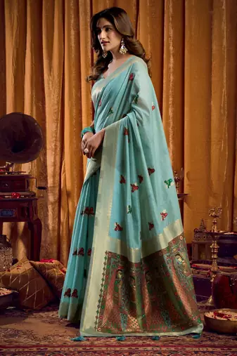 Sky blue khadi cotton mina work saree with blouse