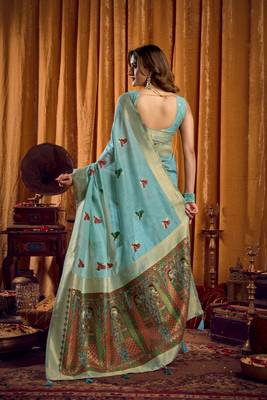 Sky blue khadi cotton mina work saree with blouse 5