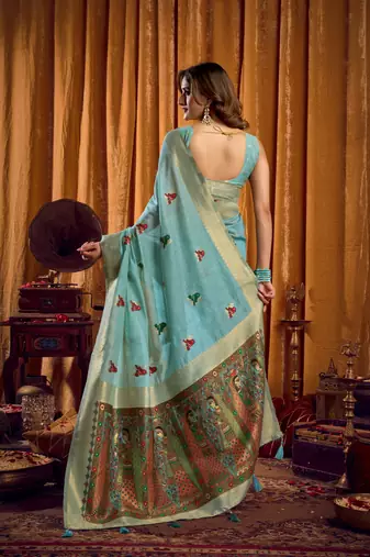 Sky blue khadi cotton mina work saree with blouse