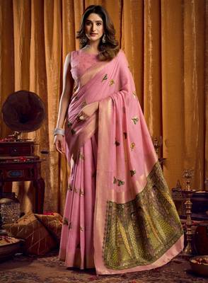 Pink khadi cotton mina work saree with blouse 1
