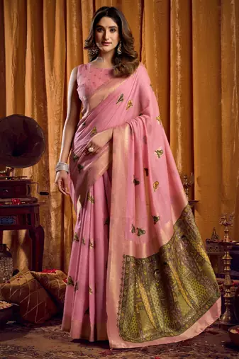Pink khadi cotton mina work saree with blouse