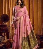 Pink khadi cotton mina work saree with blouse