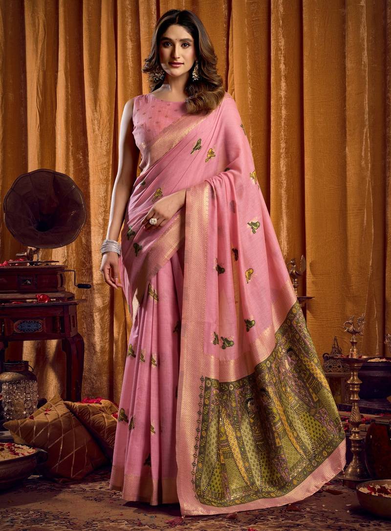 Pink khadi cotton mina work saree with blouse