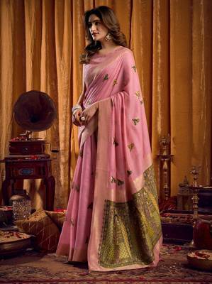 Pink khadi cotton mina work saree with blouse 3