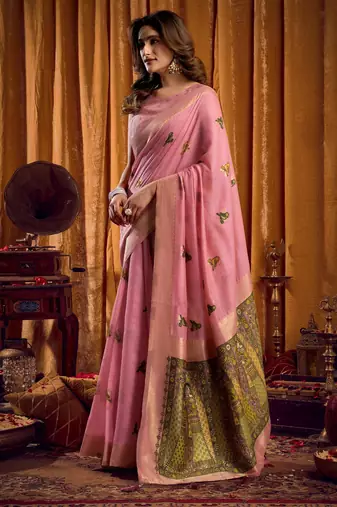 Pink khadi cotton mina work saree with blouse