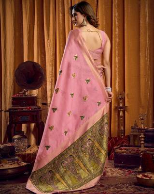 Pink khadi cotton mina work saree with blouse 5