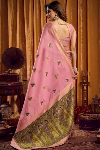 Pink khadi cotton mina work saree with blouse
