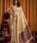 Cream khadi cotton mina work saree with blouse