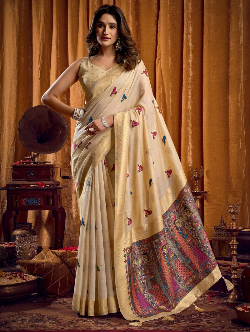 Cream khadi cotton mina work saree with blouse