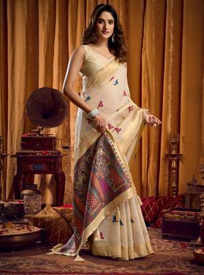 Cream khadi cotton mina work saree with blouse 2