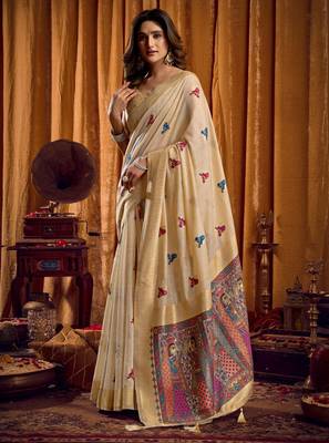 Cream khadi cotton mina work saree with blouse 3